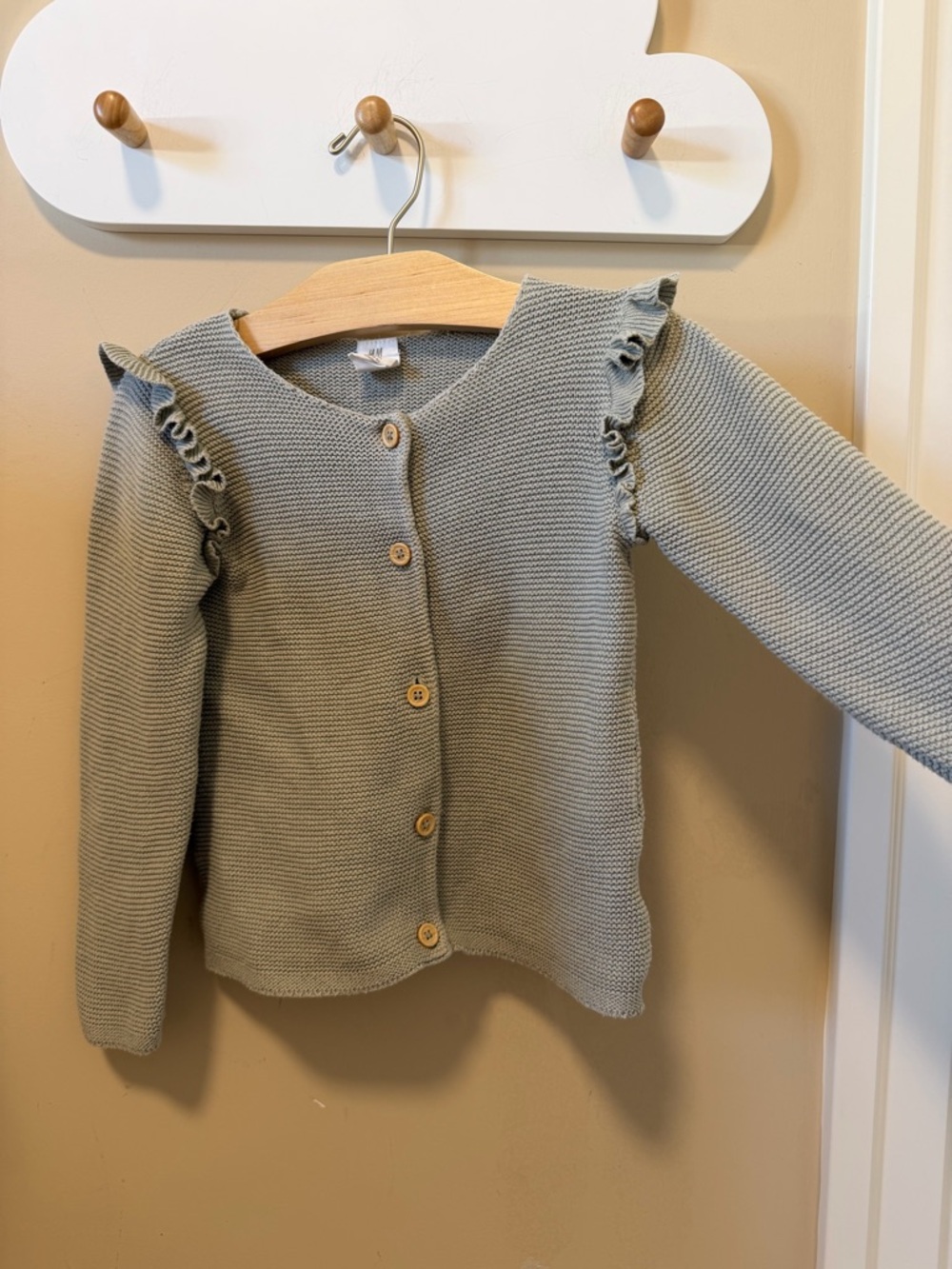 H&M Kids Light Sage Green Knit Cardigan with Ruffle Shoulders
